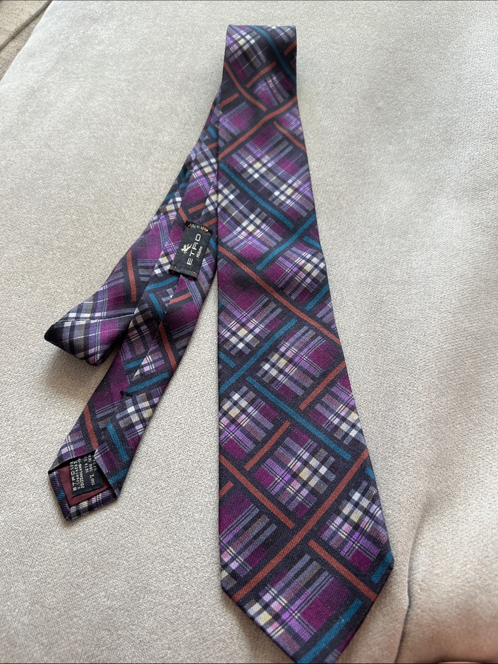 Etro Purple Plaid Silk Tie with Teal and Brown Accents